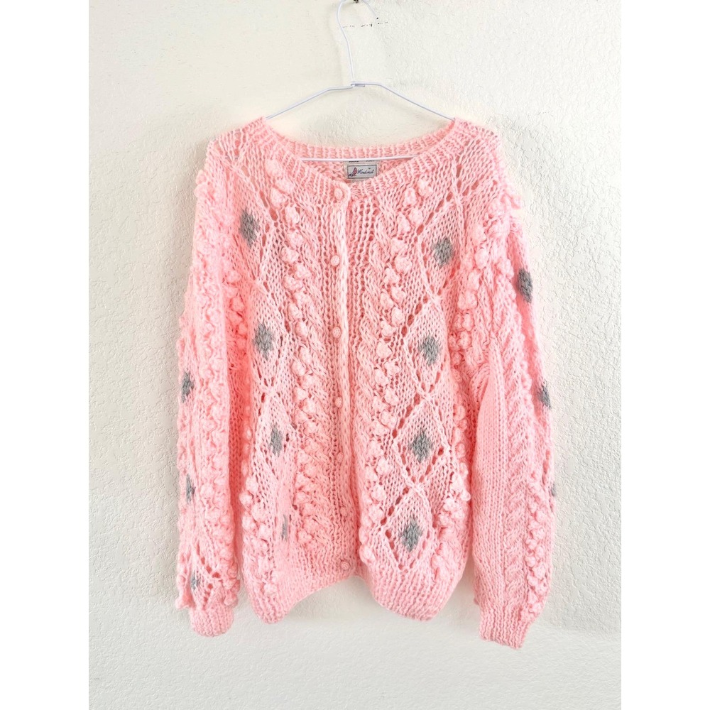 Vintage Cardigan Sweater Hand Knit Pink Diamond Popcorn Women's Large